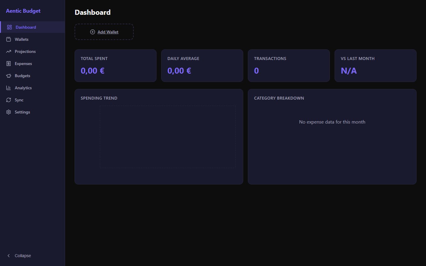 Desktop (Tauri/React) dashboard in its empty default state, 1440x900