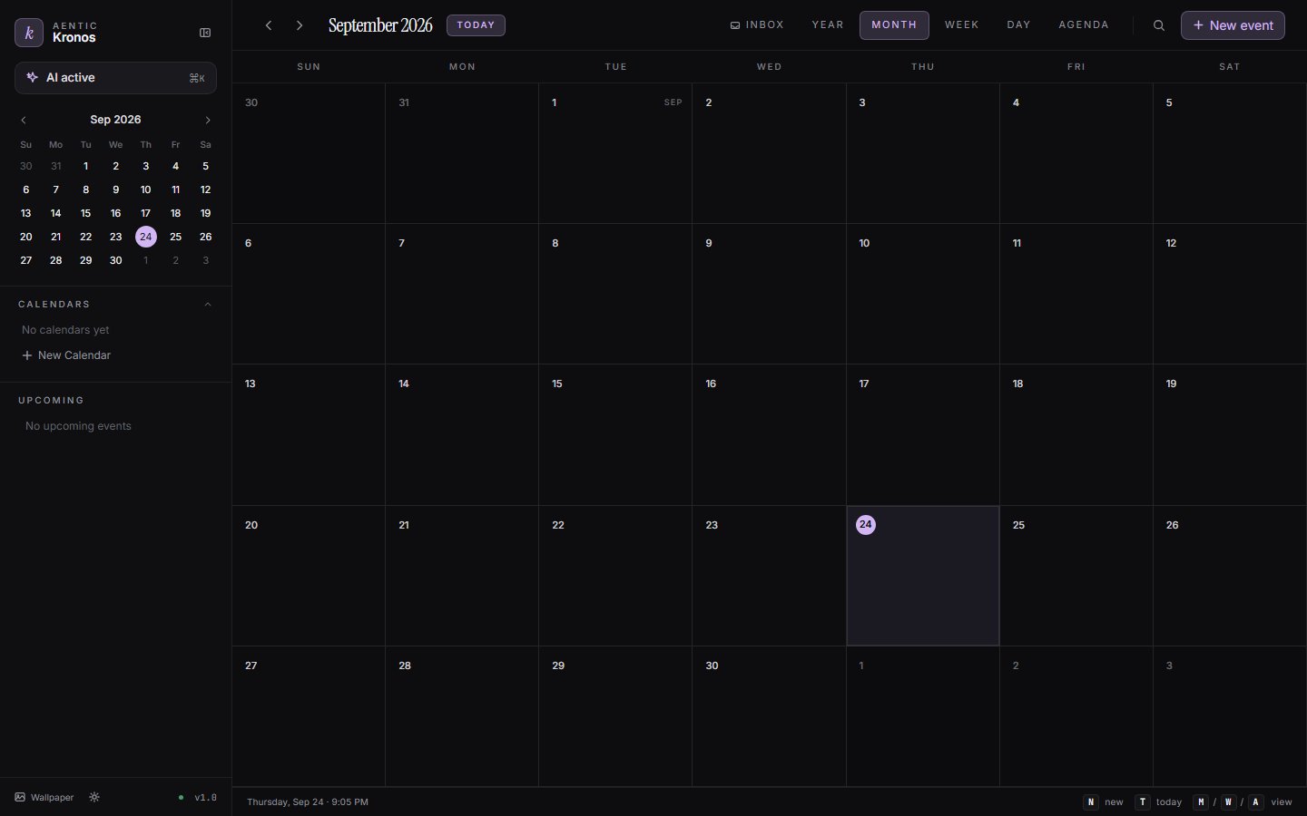 Month view with mini-calendar, calendars sidebar and view tabs